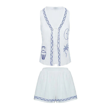 MQTIME  -  Women's Summer Y2K 2 Piece Outfits Set Moon Palm Tree Lac-up V-Neck Sleeveless Vest + Elastic Waist Shorts Loungewear